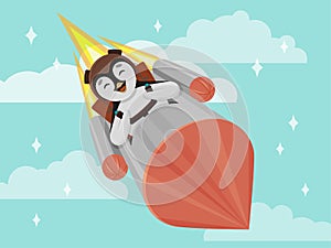 Cute little penguin flying on a rocket. A smiling character.