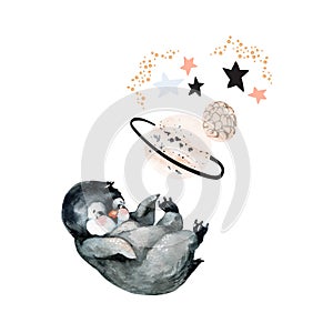 Cute little penguin illustration. Brave mascot animal with stars, planets in minimal style photo