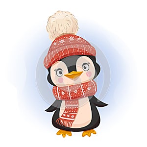 Cute little Penguin in a knitted hat. Cartoon animal print