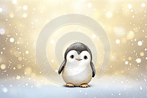 cute little penguin on snowy golden glitter background