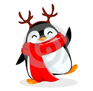 Cute little penguin wearing deer antlers mask