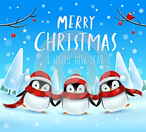 Cute little penguins in Christmas snow scene winter landscape. Christmas cute animal cartoon character.