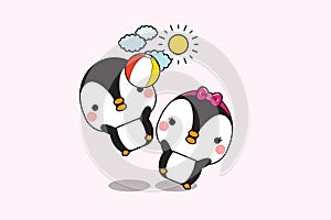 Cute little penguins couple playing football outdoors. Penguins couple having fun on summer day