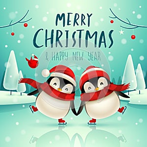 Cute little penguins skate on frozen river in Christmas snow scene. Christmas cute animal cartoon character.