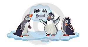 Cute little penguins, vector kids illustration, logo or banner template with white background