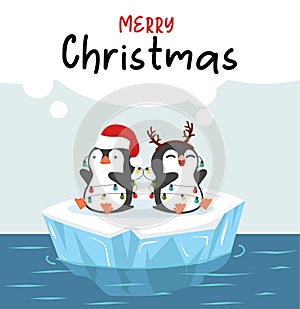 Cute little penguins wishing a Merry Christmas on ice floe