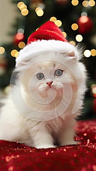 Cute little persian kitten in Santa hat on christmas background. Generative AI.