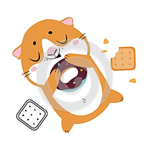 Cute little pet guinea pig sleeping hugging donut cartoon vector illustration