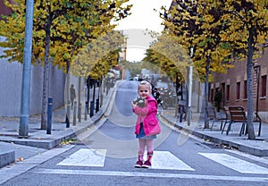 Cute Little photographer standing at a pedestrian crossing