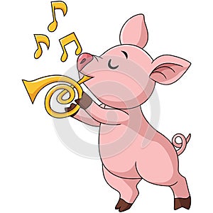 Cute little pig cartoon playing golden trumpet