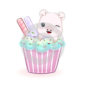 Cute Little Pig and Cupcake cartoon illustration