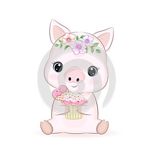 Cute Little Pig and Cupcake illustration