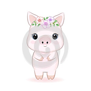 Cute Little Pig with flora, cartoon illustration