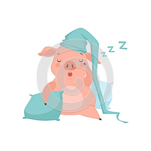 Cute little pig in light blue nightcap sleeping on pillows, funny piglet cartoon character vector Illustration on a