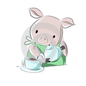 Cute little pig preparing tea, lovely hand drawn vector clipart, children`s illustration