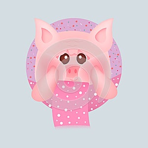 Cute little pig with red cheeks with pink scarf, on pink backgrounds. For baby card and invitation. Vector illustration.