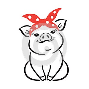 Cute Little Pig with Red Polka Dot Bandana Vector