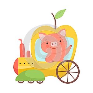 Cute Little Pig Riding Toy Train Made of Apple, Funny Adorable Animal in Railway Transport Vector Illustration
