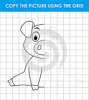 Cute little pig sitting. Grid copy game, complete the picture educational children game