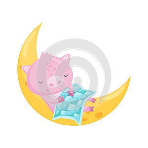 Cute little pig sleeping on the moon, lovely animal cartoon character, good night design element, sweet dreams vector