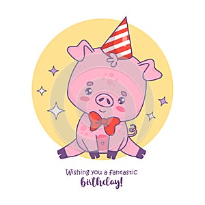 Cute little pig wearing bowtie and birthday cap. Vector illustration. Festive happy birthday card with funny cartoon