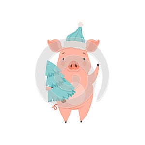 Cute little pig wearing Santa hat standing with fir tree, funny piglet cartoon character vector Illustration on a white