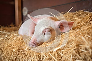 cute little piglet with its eyes closed, taking a nap in the straw barn