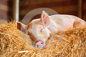 cute little piglet with its eyes closed, taking a nap in the straw barn