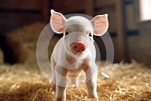 Cute little piglet on a straw background,  Farm animal