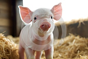 Cute little piglet on straw, closeup,  Farm animal