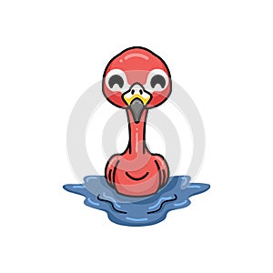 Cute little pink flamingo cartoon swimming