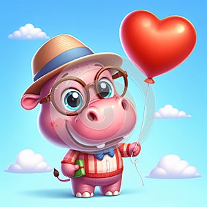 A cute little pink hippo wearing glasses and a hat holding a red heart balloon