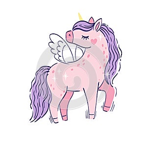 Cute little pink magical unicorn. Vector hand drawing illustration isolated on white background