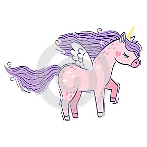 Cute little pink magical unicorn. Vector hand drawing illustration isolated on white background