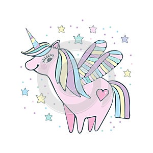 Cute little pink magical unicorn with wings among the stars. Vector design on white background. Print for t-shirt. Delicate,