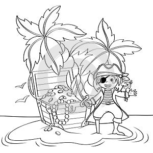 Cute little pirate and treasure chest on deserted beach with palm trees. Black and white illustration for coloring book