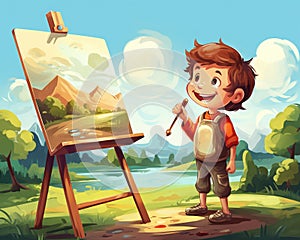 Cute little pnting a picture on an easel. photo