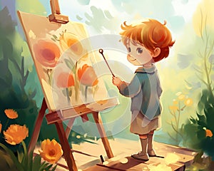 Cute little pnting a picture on an easel. photo