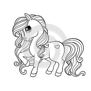Cute little pony. Black and white illustration for coloring book