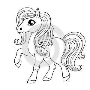 Cute little pony. Black and white vector illustration for coloring book