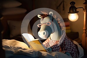 Cute little pony enjoy reading the book in a bed