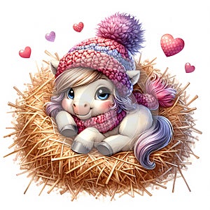 A cute little pony in a knitted hat lying on a hayloft with cute hearts all around. white background. valentine's day