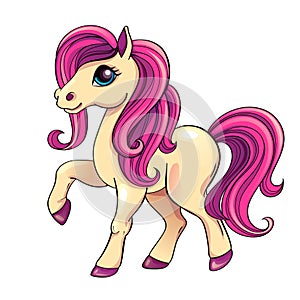 Cute little pony with pink hair. Vector isolated illustration