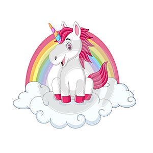 Cute little pony unicorn sitting on clouds