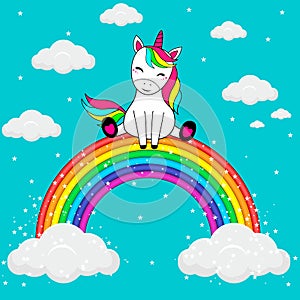 Cute little pony unicorn sitting on rainbow. Cartoon vector illustration.