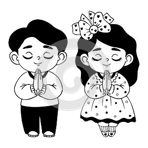 Cute little praying children girl and boy in full growth. Vector illustration. Isolated hand drawings. Religious