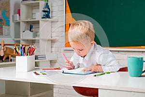 Cute little preschool kid boy with teacher study in a classroom. Learning and education concept. Home school for pupil