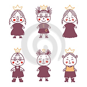 Cute little princes and princesses doodle collection. Perfect for posters, greeting cards, tee, logo and print. Isolated vector