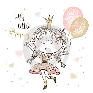 Cute little Princess with balloons. Vector illustration.