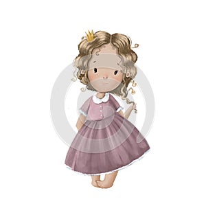 cute little princess in colorful dress, watercolor illustration